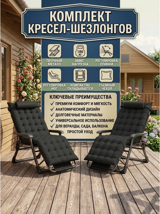 Кресло шезлонг складное с матрасом для отдыха на природе, 2 шт, фото 2