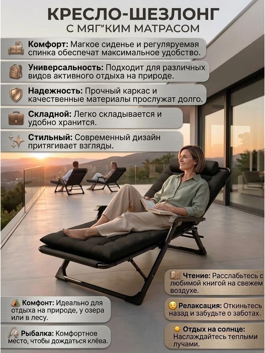 Кресло шезлонг складное с матрасом для отдыха на природе, 2 шт, фото 7
