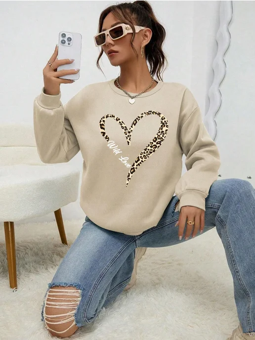 teekossc Женская толстовка Wild Heart с леопардовым принтом, бежевый