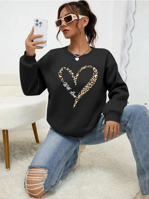 teekossc Женская толстовка Wild Heart с леопардовым принтом, серый, фото 3