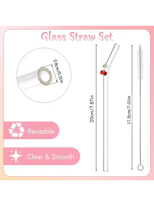 Нет бренда Многоразовые стеклянные трубочки 1 2 5 шт. 1 straw, 5 шт, фото 7
