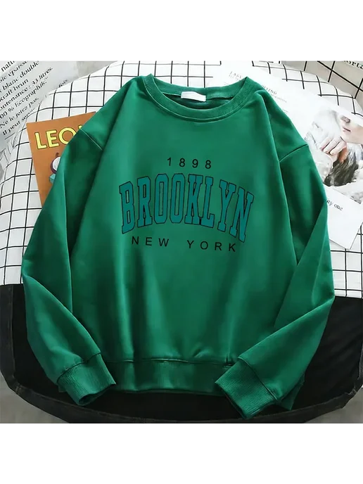 Gong Hou Ren Женская Флисовая Толстовка Y2K BROOKLYN NEW YORK С Круглым В, зеленый