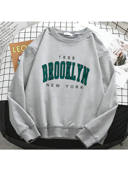 Gong Hou Ren Женская Флисовая Толстовка Y2K BROOKLYN NEW YORK С Круглым В, зеленый, фото 2
