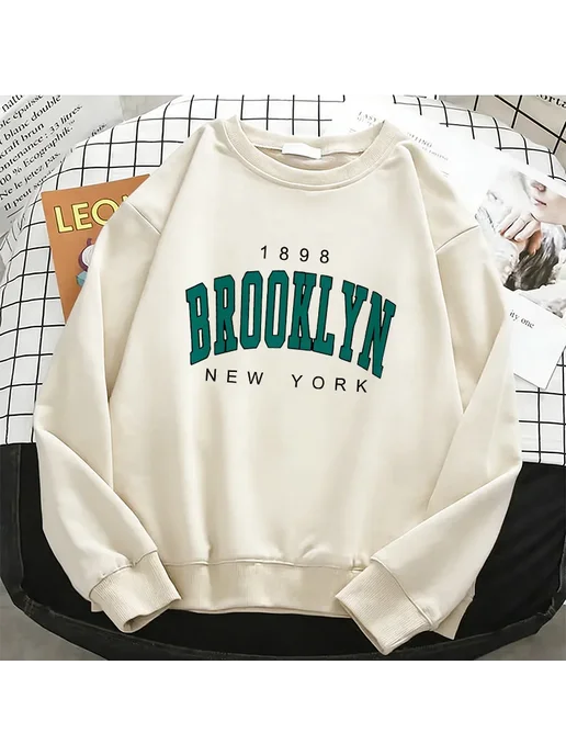 Gong Hou Ren Женская Флисовая Толстовка Y2K BROOKLYN NEW YORK С Круглым В, зеленый, фото 3