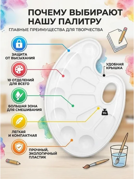 Гульнур_2 Палитра для рисования школьная пластиковая для красок ИЗО, белый, фото 2