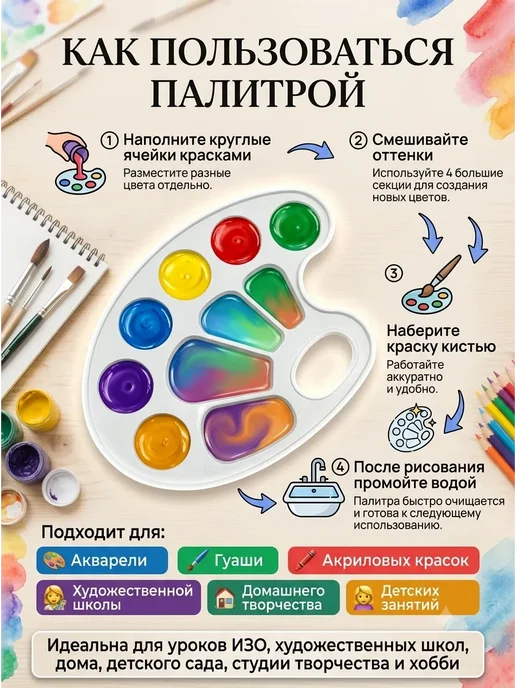 Гульнур_2 Палитра для рисования школьная пластиковая для красок ИЗО, белый, фото 3