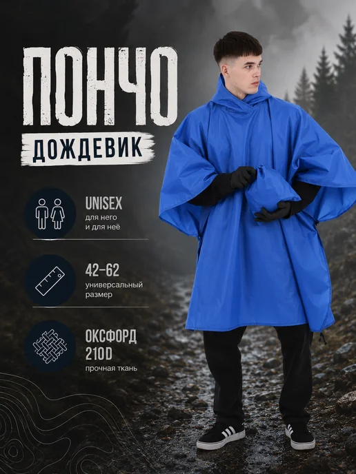 Дождевик с капюшоном непромокаемый, синий