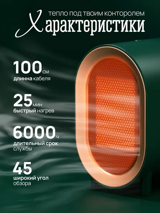 Портативный обогреватель для дома и офиса тепловентилятор, зеленый, фото 5