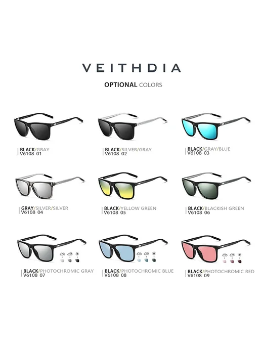 Солнцезащитные очки VEITHDIA Ретро стиль photochromic gray, зеленый, фото 7