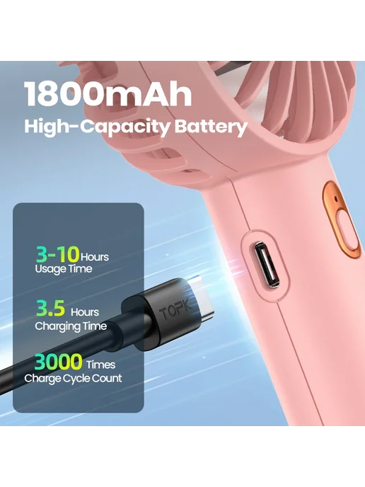 TOPK Портативный USB-вентилятор Pink 1800mah, 1800 мАч, фото 3