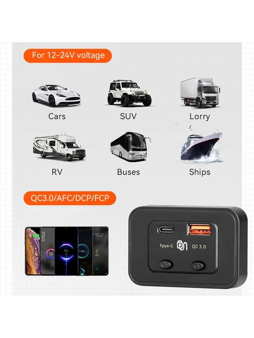 12 24В автозарядка с 2 USB, PD Type-C, QC3.0, 48W, 48 Вт, фото 7