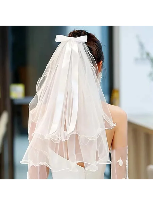 Нет бренда Свадебная фата белая, Pearl bow tie, 55см, белый, фото 4