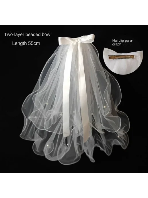 Нет бренда Свадебная фата белая, Pearl bow tie, 55см, белый, фото 5