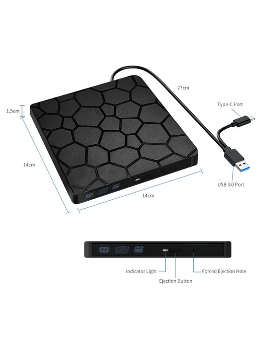 VIKEFON Внешний оптический привод USB3.0 2-в-1 CD DVD RW, 2-в-1 CD DVD RW