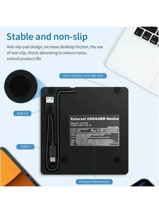 VIKEFON Внешний оптический привод USB3.0 2-в-1 CD DVD RW, 2-в-1 CD DVD RW, фото 6