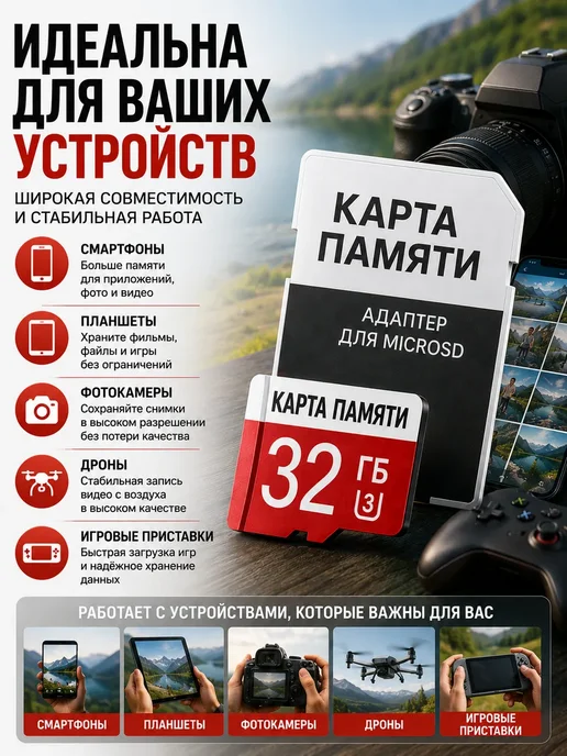 ка33 Карта памяти 32 гб Micro sd 32 c адаптером, 32 ГБ, фото 2