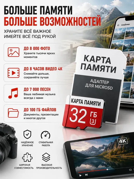 ка33 Карта памяти 32 гб Micro sd 32 c адаптером, 32 ГБ, фото 4