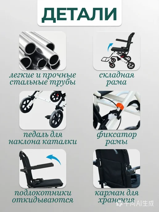 Кресло каталка инвалидная складная 40 см, черный, фото 3