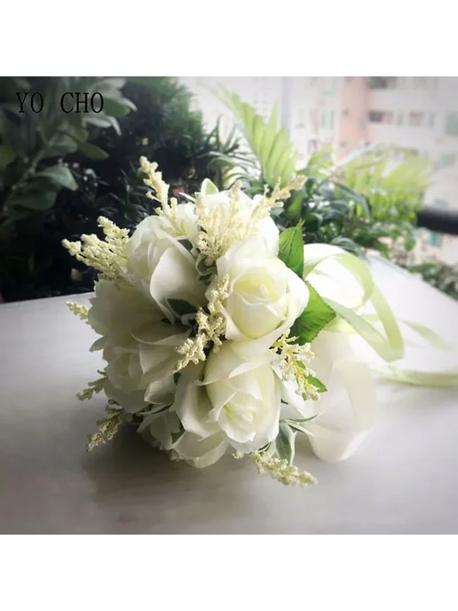 YO CHO Шелковые розы свадебный букет Type 2 white purple, белый, фото 3