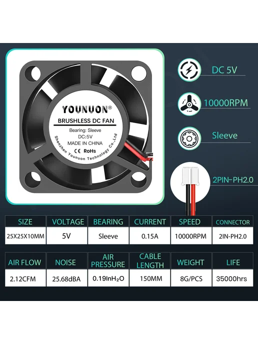 YOUNUON YOUINUON 25x25x10мм кулер 5V Sleeve PH2.0, 25x25x10 мм