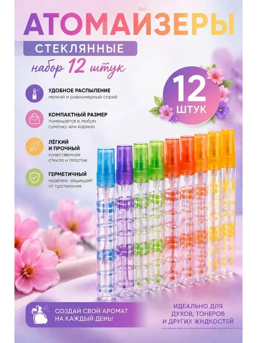 teremok77 Флакон атомайзер для духов и масел стеклянный с распылителем, 12 шт