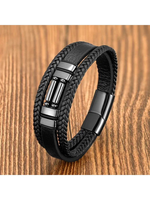 YAN MIN TRADE Мужской кожаный браслет Hematite, 21CM, черный