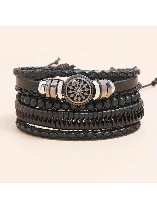 Нет бренда Мужские браслеты из кожи 4 шт. Черный, Metal Color 84116, 4 шт, фото 4