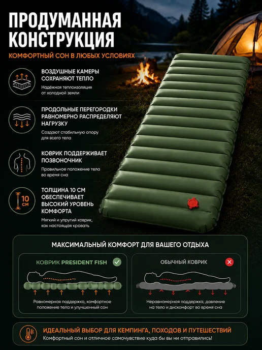 PRESIDENT FISH Коврик надувной 10см для туризма 8882 001, зеленый, фото 6