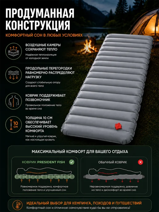 PRESIDENT FISH Коврик надувной 10см для туризма 8882 005, серый, фото 6