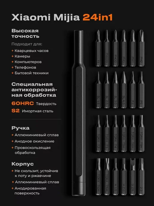 Xiaomi Набор отверток MiJia ручной точный 24 биты S2 сталь, серый, фото 5