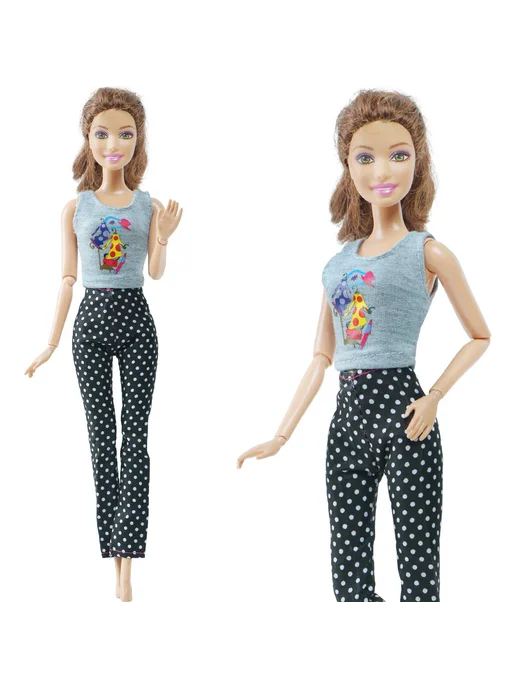 YAMIOW Комплект одежды для куклы Barbie, серый топ с принтом, черны, черный