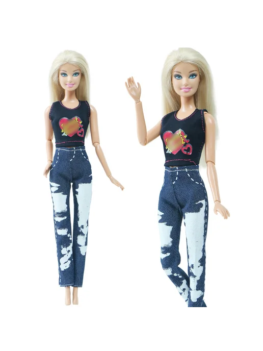 YAMIOW Комплект одежды для куклы Barbie, черный топ и джинсы, черный