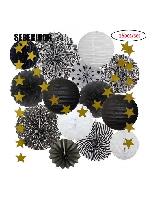 SEBERIDOR Набор декора 15 шт фонарики, веера, помпоны Red Green Set, 15 шт, фото 2