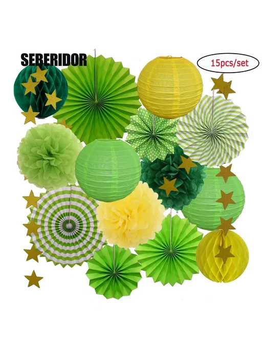SEBERIDOR Набор декора 15 шт фонарики, веера, помпоны Red Green Set, 15 шт, фото 6