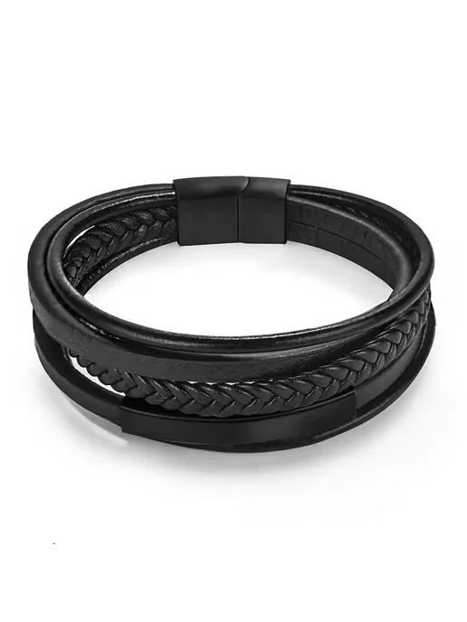 Jiayiqi Мужской браслет кожаный многослойный, Style4 black, 22 см, черный