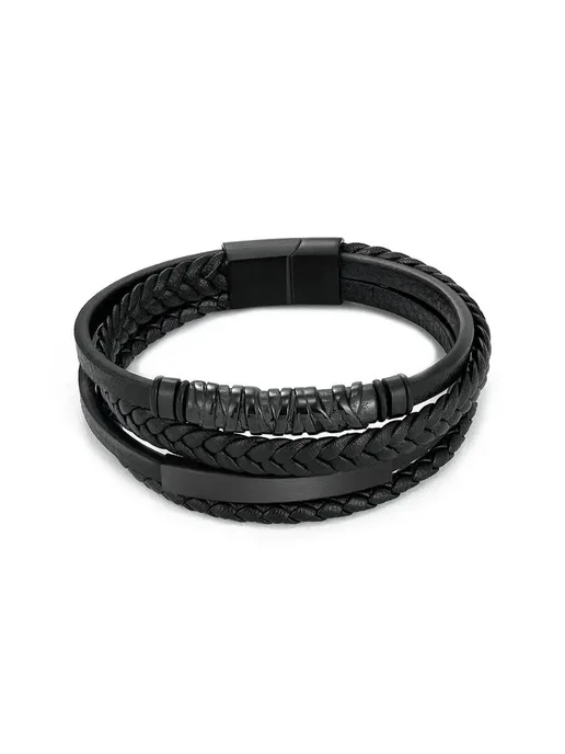 Jiayiqi Мужской браслет кожаный многослойный, Style4 black, 22 см, черный, фото 7