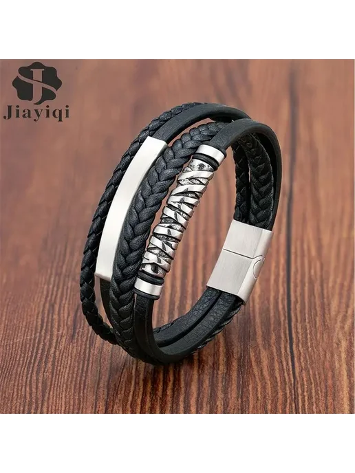 Jiayiqi Мужской браслет кожаный с нержавеющей сталью, 20 см, Style5, черный, фото 2
