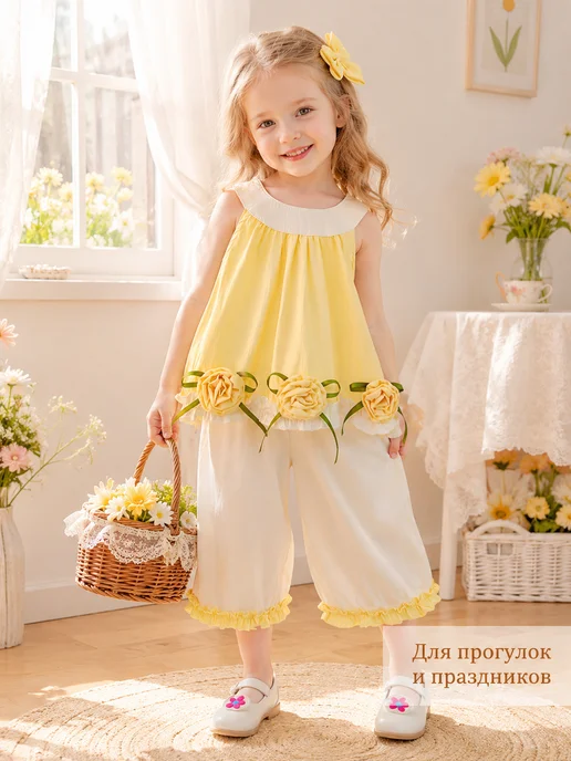 брюки свободного кроя с цветами, желтый, фото 6