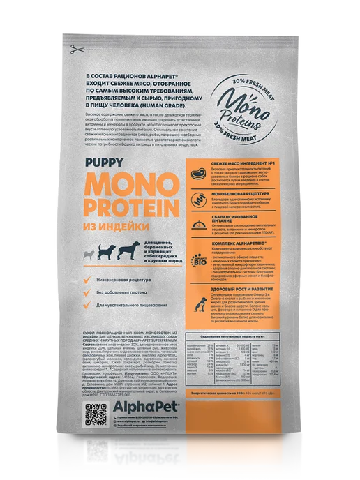 Сухой корм AlphaPet Monoprotein для собак, крупные, средние, щенки, индейка, 2 кг, фото 2
