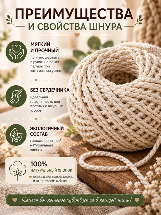 Шнурград Шнур хлопковый 2мм 100 метров, 100 м, фото 2