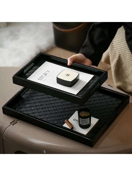 Нет бренда Круглый поднос с кожаной отделкой из, маленький черный, белый, фото 4