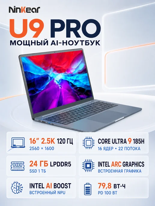 Ninkear Ноутбук 16″, Intel Core Ultra 9 185H, 24 + 1 ТБ, 2.5K, 1 ТБ