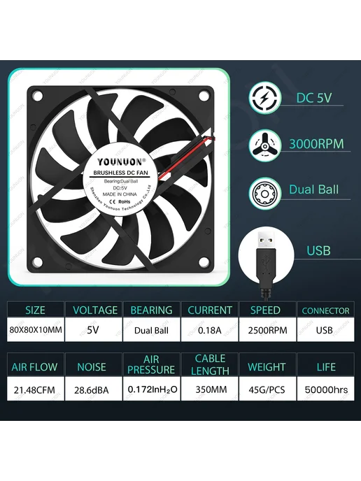 YOUNUON Вентилятор для ПК 80мм 5V Ball USB 1PCS 8010 черный, 1 шт