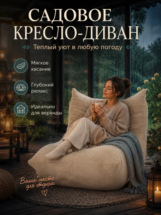 Диван для закрытой террасы и зимнего сада бескаркасный, бежевый