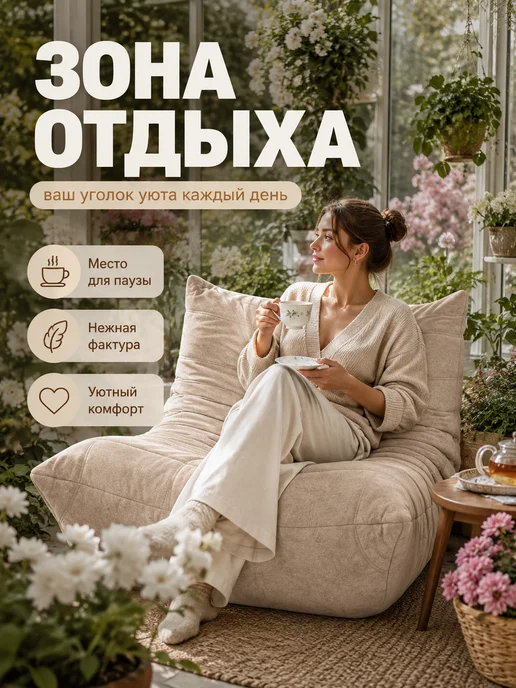 Диван для закрытой террасы и зимнего сада бескаркасный, бежевый, фото 4