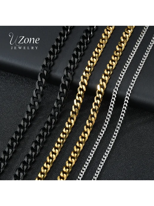 Uzone Кубинская цепочка Steel color 3mm 40cm, черный, фото 2