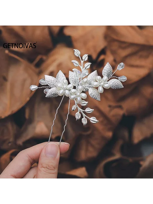 Заколка для волос с жемчугом и листьями, Style 1, серый, фото 3