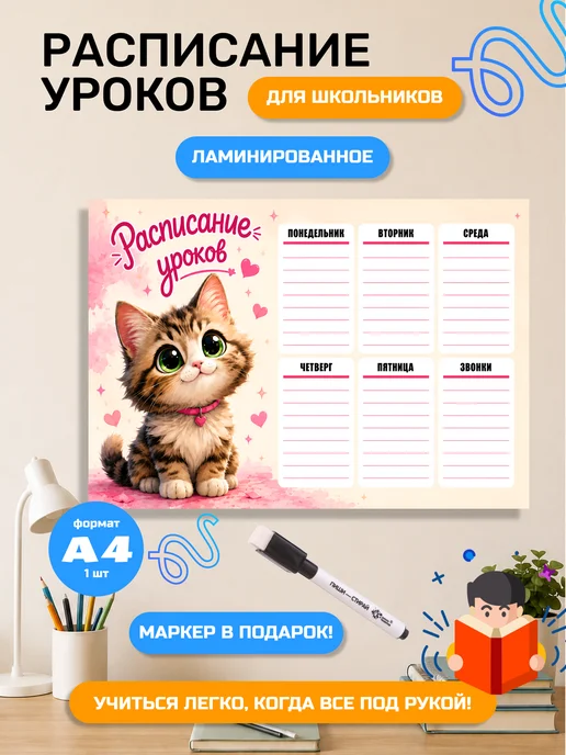 Ламинированное расписание уроков для школьников, плакат А4, оранжевый