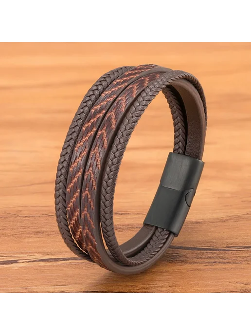 Нет бренда Мужской кожаный браслет с плетением, 19 см, Brown with Black, черный