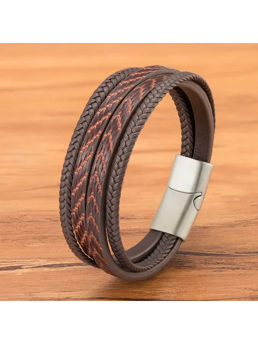 Нет бренда Мужской кожаный браслет с плетением, Brown with Steel, 23 см, коричневый